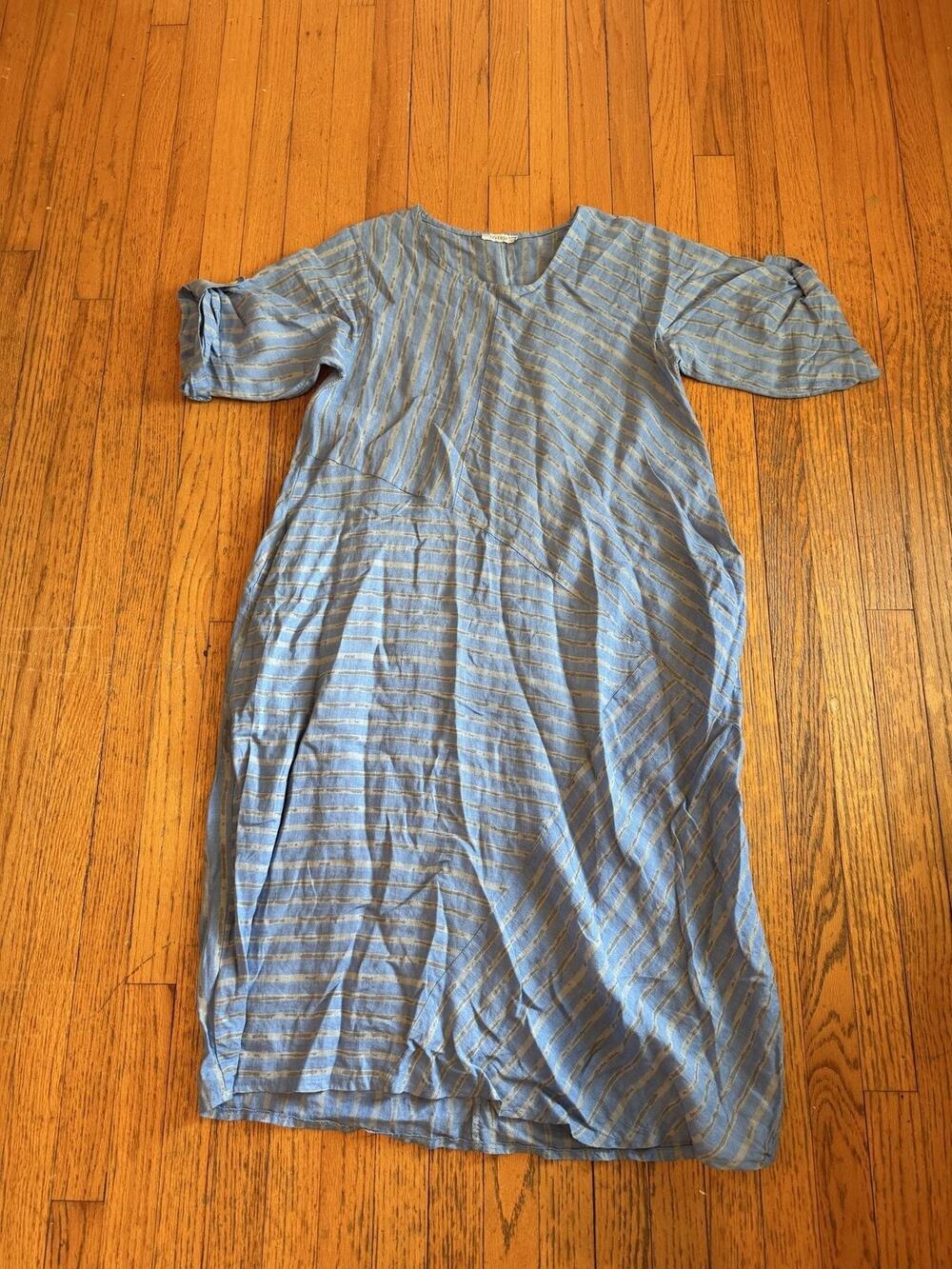 DIVERSE Dress Womens Size Blue Stripe Linen Midi Pockets